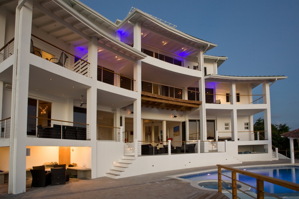Exterior of integrated St. Lucia villa with architectural lighting