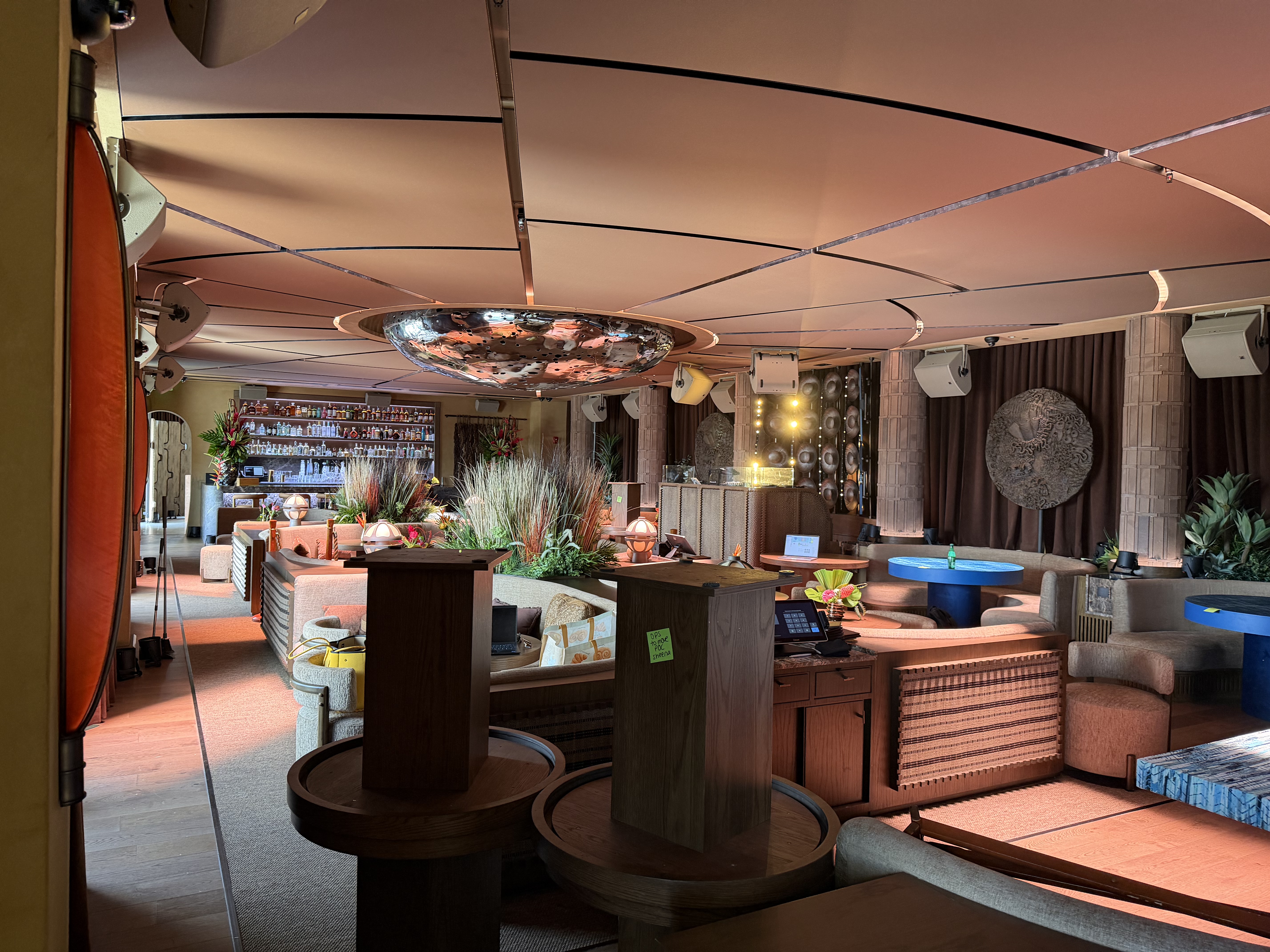 High-end restaurant and lounge interior with integrated speakers and lighting